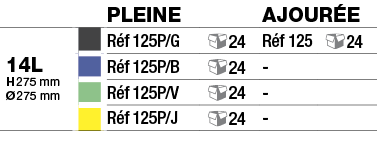 ,,pleine,ajourée,14L H 275 mm Ø 275 mm,,Réf 125P G, 24,Réf 125, 24,,Réf 125P B, 24,-,,,Réf 125P V, 24,-,,,Réf 125P J,   