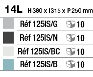 14L  H 380 x l 315 x P 250 mm,,Réf 125is G, 10,,Réf 125is N, 10,,Réf 125is BC, 10,,Réf 125is B, 10