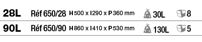 28L,Réf 650 28,H 500 x l 290 x P 360 mm, 30L, 8,90L,Réf 650 90,H 860 x l 410 x P 530 mm, 130L, 5