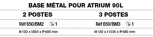 Base métal pour Atrium 90L,2 postes,3 postes,Réf 650 BM2  1,Réf 650 BM3  1,H 130 x l 830 x P 580 mm,H 130 x l 1235 x    