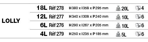 Lolly,18L,Réf 278,H 380 x l 358 x P 295 mm, 20L, 4,12L,Réf 277,H 340 x l 308 x P 240 mm, 10L, 6,6L,Réf 276,H 290 x l    