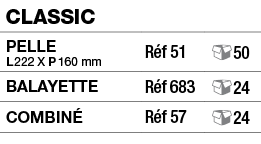 Classic,Pelle L 222 x P 160 mm,Réf 51, 50,Balayette,Réf 683, 24,Combiné,Réf 57, 24