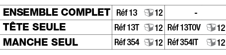 Ensemble complet,Réf 13, 12,-,tête seule,Réf 13T, 12,Réf 13TOV, 12,  manche seul,Réf 354, 12,Réf 354IT, 12