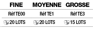 FINE,MOYenne,GROSSE,Réf TE00,Réf TE1,Réf TE3, 20 Lots, 20 Lots, 15 Lots