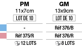 ,PM 11x7cm,GM 13x9cm,, , ,,-,Réf 376 B,,Réf 375 R,Réf 376 R,, 12 Lots, 8 Lots
