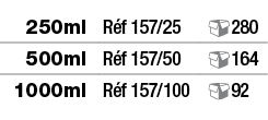 250ml,Réf 157 25 , 280,500ml,Réf 157 50 , 164,1000ml,Réf 157 100 , 92