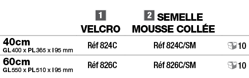, Velcro, Semelle mousse collée,,40cm GL 400 x PL 365 x l 95 mm,Réf 824C,Réf 824C SM, 10,60cm GL 550 x PL 510 x l 95    