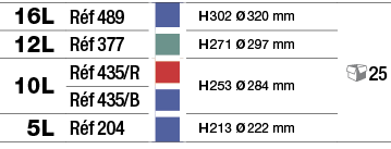 16L,Réf 489,,H 302 Ø 320 mm, 25,12L,Réf 377,,H 271 Ø 297 mm,10L,Réf 435 R,,H 253 Ø 284 mm,Réf 435 B,,5L,Réf 204,,H 21   