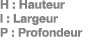 H : Hauteur l : Largeur P : Profondeur