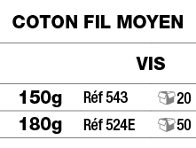 coton fil moyen,,vis,150g,Réf 543, 20,180g,Réf 524E, 50